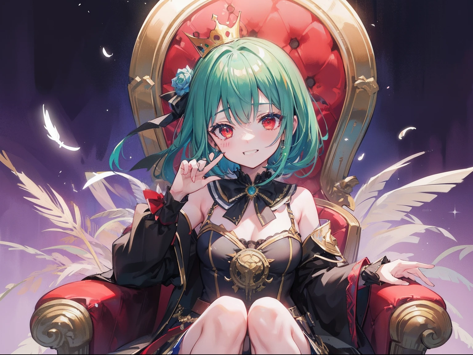 {Moist feather(hololive)}, 1girl, {Green shortcuts}、Red eyes、​masterpiece、top-quality、grinning evily、{demon king}、A black、{full bodyesbian}、a throne、ambition、