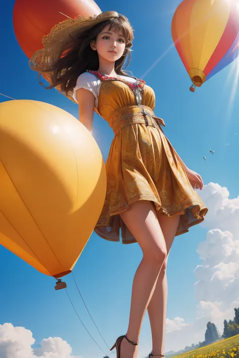 masterpiece, best quality,(realistic:1.3),beautiful girl hangs on balloons and flies in the sky,sunshine,god ray,fractal art