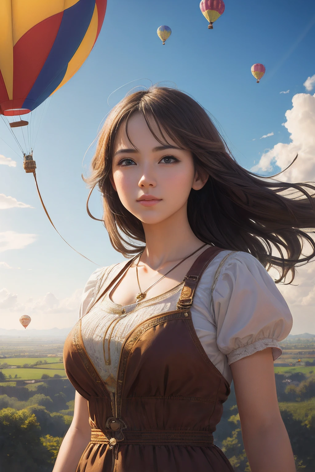 傑作, 最好的品質,(實際的:1.3),美麗的女孩掛在氣球上飛在天上,阳光,神雷,分形藝術