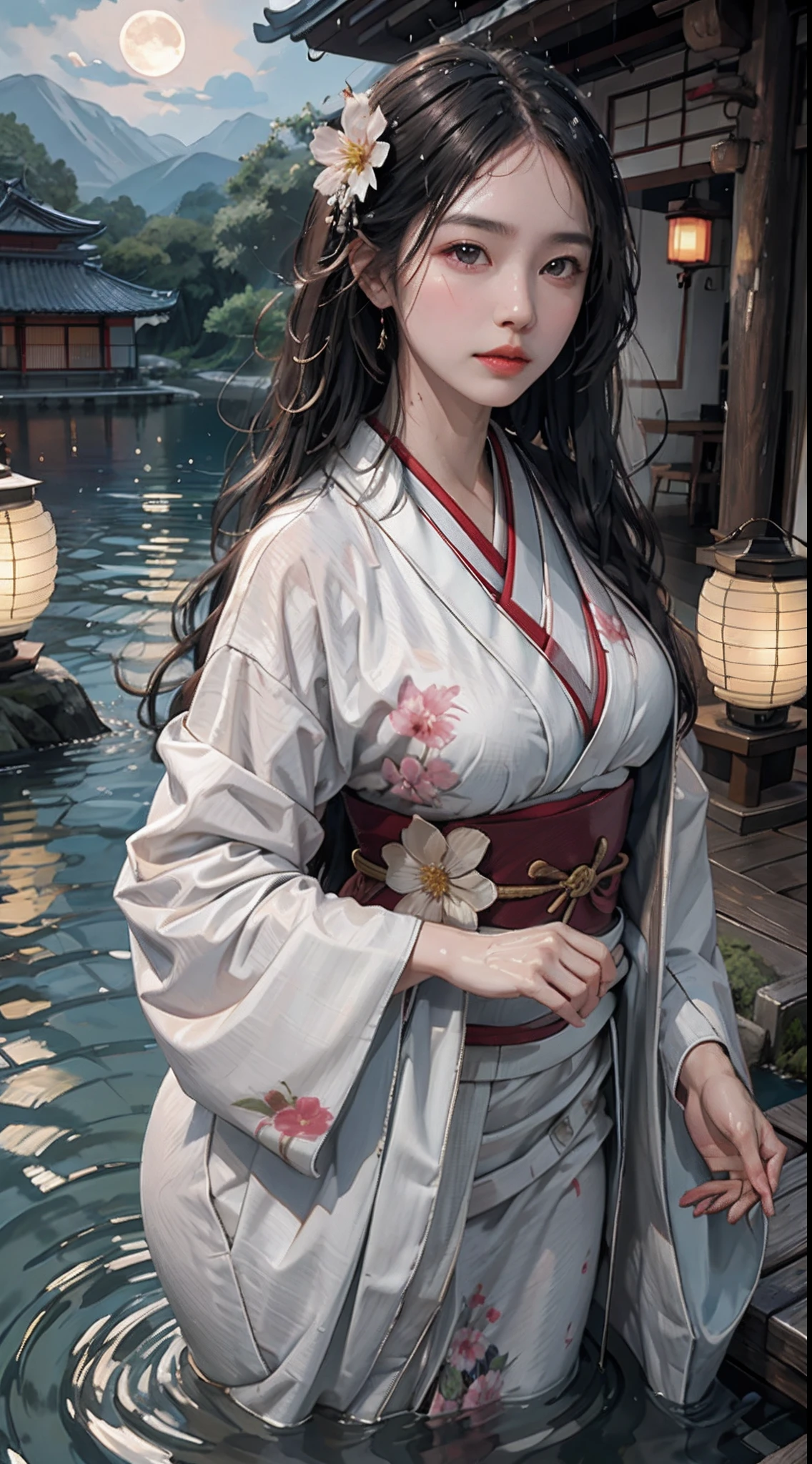 photorealistic, high resolution, soft lights, 1women, solo, hips up, shining skin, (detailed face), long hair, moon, lantern, night, solo, large breasts, hair ornament, wet, kimono, japanese clothes, wading, water, hair flower, flower, outdoors, sky, full moon, rain, furisode, obi