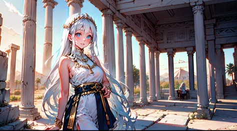 Ancient Greek temple in the center of the picture，The white-haired girl is in the temple，Touch the paper on the booth，On the lef...