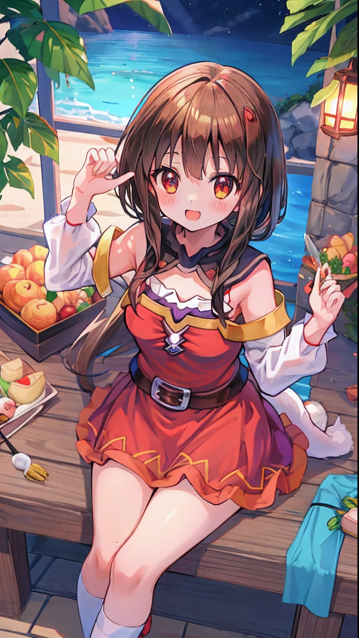 Anime girl sitting on a table with a plate of fruit - SeaArt AI