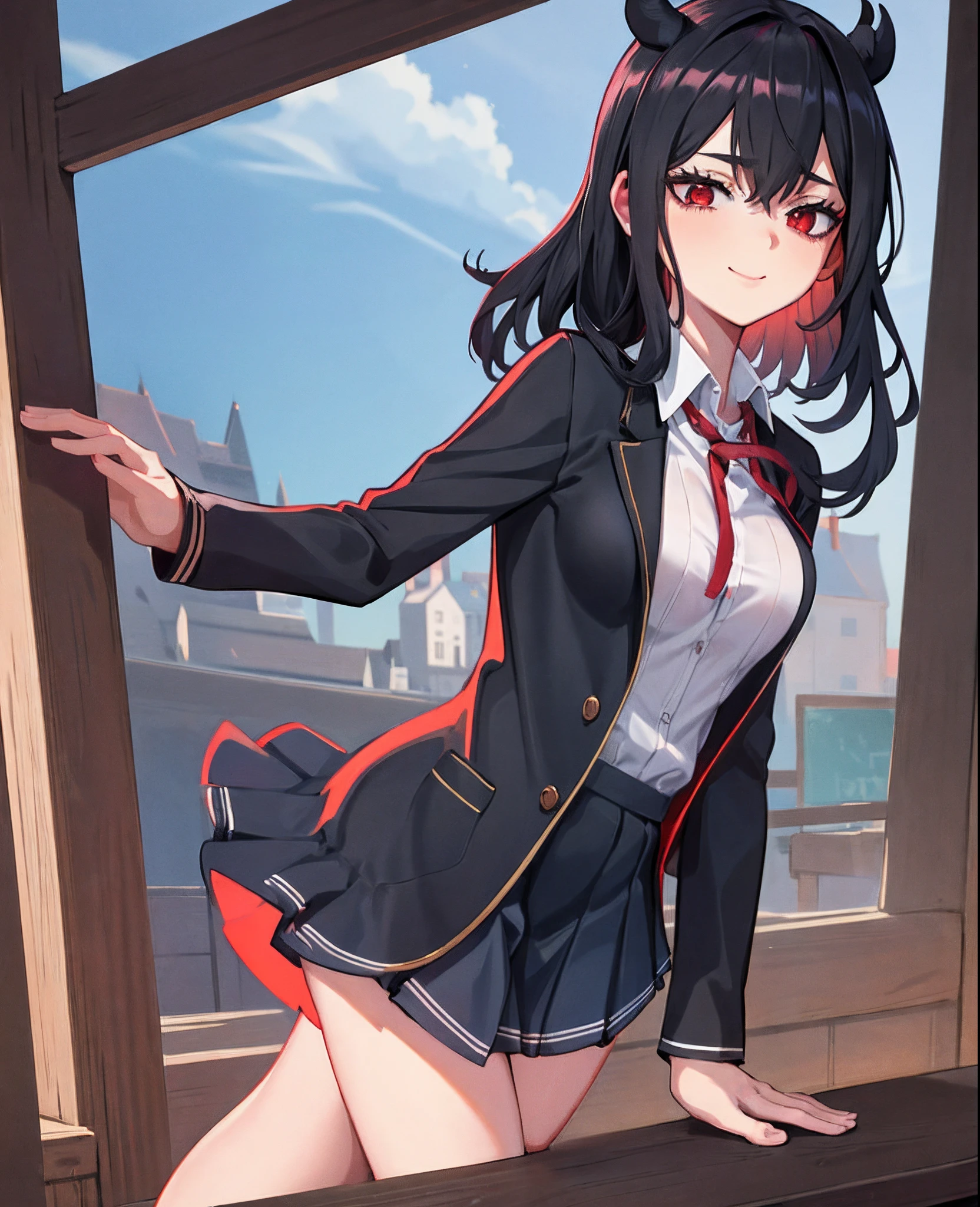 masterpiece, best quality,,1girl .(school uniform:1.2), black long hair  , red eyes,(classroom:0.8), (sunset:0.7),(medium breasts:1.4), (blushful smile smile:0.8)