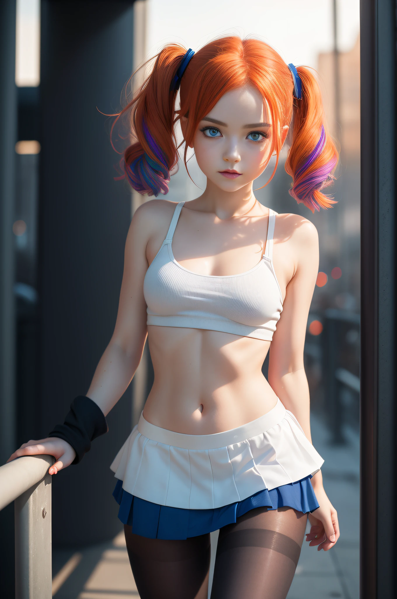 1 girl, solo, (nsfw), cute redhead 18-year-old girl in twin tails, ((perfect female body)), (cute face make up), multiple (rainbow colored hair: 1.2), (beautiful detailed blue eyes: 1.6), (photo realistic eyes: 1.6), happy, Ukrainian, (petite body), ((small hips)), pale white skin, (mini skirt and tube top), (matte pantyhose: 1.6), ("blade runner" style background), (night time), photo realistic.