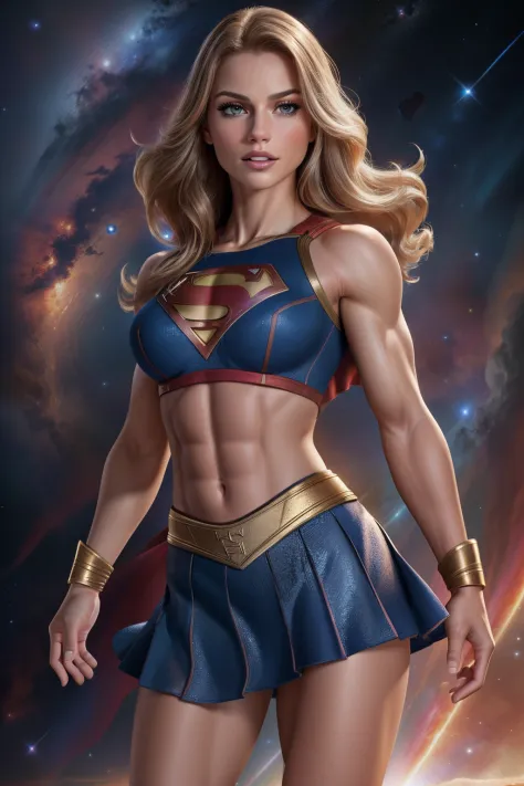 ( Masterpiece, 4k resolution, ultra-realistic, very detailed) Sexy Supergirl revealing abs midriff and a skirt photography by artgerm, in the style of realism, glistening skin, cartooncore, mangacore, natural lighting, Defined full lips. Muscular fitness f...