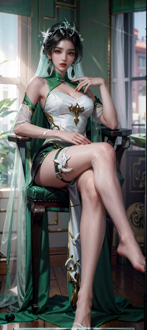 cabelos preto e longos，White cheongsam is embellished with green decorations，White silk long legs，jade foot