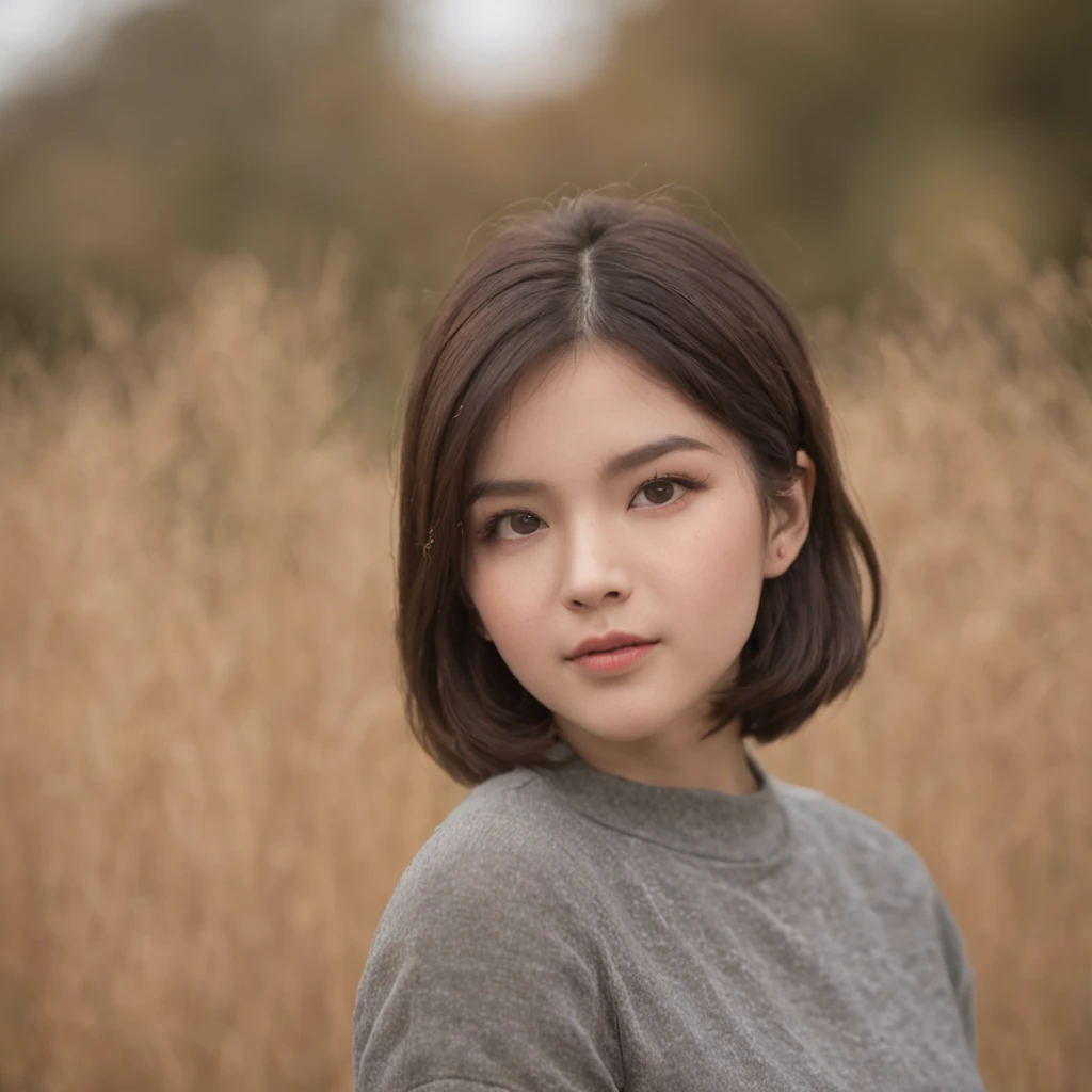 A close up of a woman with a short hair and a gray shirt - SeaArt AI