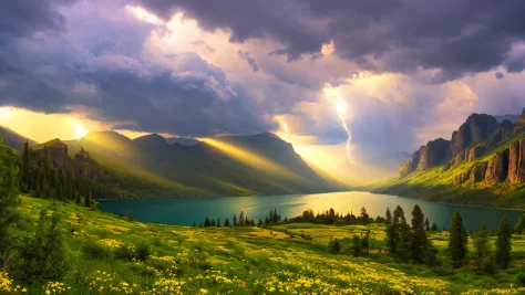 magical,  landscape, mysterious, luminous, dreary, complex, bloom, dreary. expansive, magnificent, god rays, storm, lightning, m...