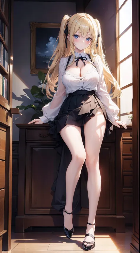 top-quality、​masterpiece、超A high resolution、(Photorealsitic:1.4)、1 girl in、a blond、full body Esbian、large full breasts、Ultra exposed cleavage、erotick、Erotic look、gargantilha、二重まぶた、Loose and fluffy perm、semi long hair、student clothes、a miniskirt、JK Ribbon、Thin, Skinny clothes、The Perfect Five Fingers、perfect leg、