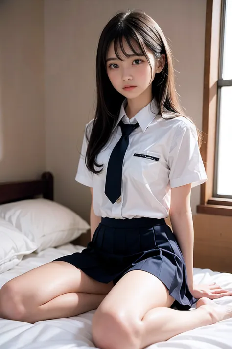 ((top-quality、​masterpiece))、(Full body standing shot:1.4)、、(arms behind back,:1.4)(Surreal schoolgirl in schoolgirl uniform Japan:1.3), (White shirt short sleeves:1.2), (Ultra-thin ribbon tie:1.2)、(Short skirt 1.2)、(slender:1.2)、(small tits:1.2)(masutepie...