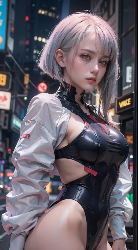 Beautiful sexy woman in plastic transparent jacket on neon lit cityscape.