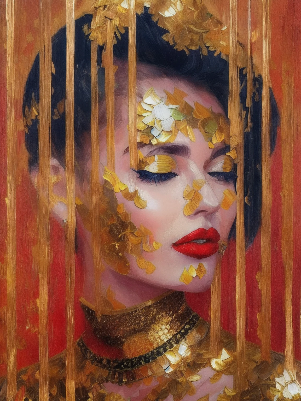 (portrait painting: 1), 1woman, mesmerizing red lips, (perfect jaw) stands in a golden glittery dress, dragon scales, gold jewelry necklace, black hair flowing down, confident stance and elegant pose accentuate beauty, detailed, oil painting, masterpiece