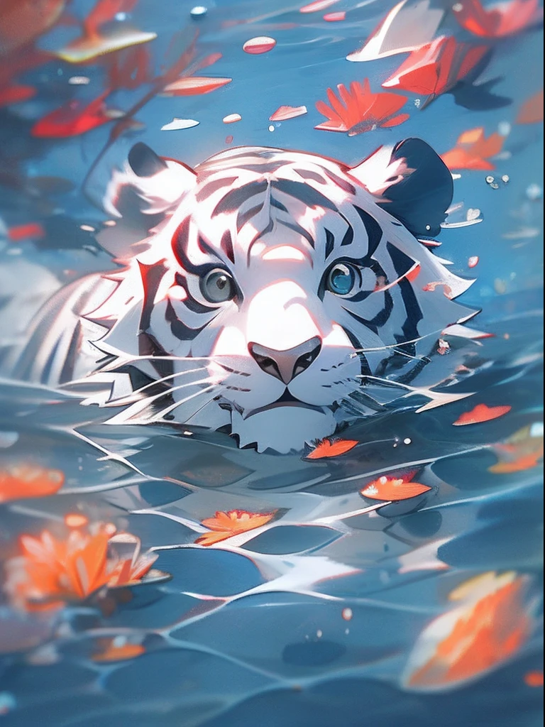 1 joli tigre blanc, visage en gros plan, portrait, velu, Personne, dans l&#39;eau, fond de l&#39;océan,  ampoules, Bulles, plus de détails, couleurs saturées, mignon souriant, Meilleure qualité, 8k, saturation élevée