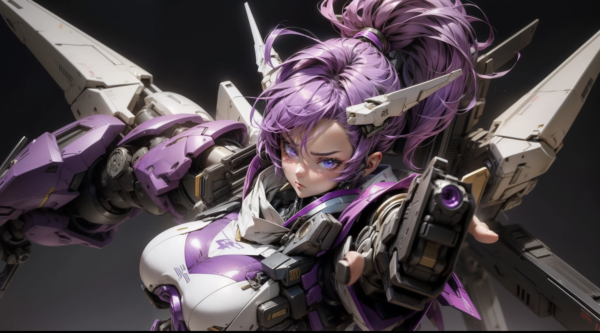 {{{{ masterpiece }}}},{{{{ 4K }}}},{{{{ badass anime 8 k }}}}, {{{{{{{{short hair}}}}}}}}, purple hair,ponytail hair,massive boobs,mecha musume,purple mecha,{{{{ was holding a gun}}}}, hoodie mecha