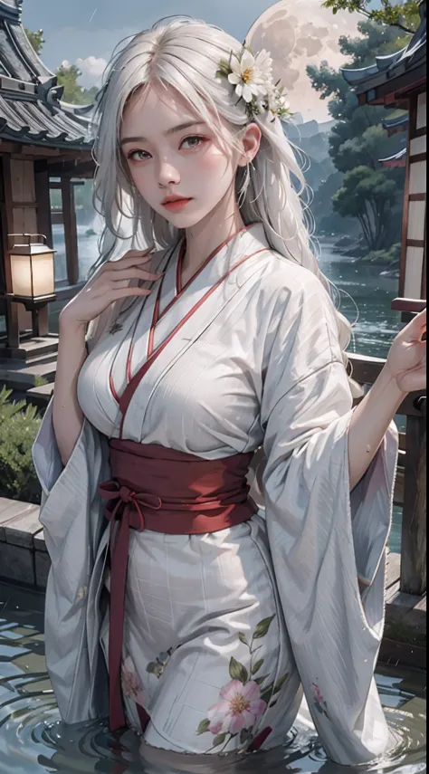 photorealistic, high resolution, soft lights, 1women, solo, hips up, shining skin, (detailed face), white hair, moon, lantern, n...