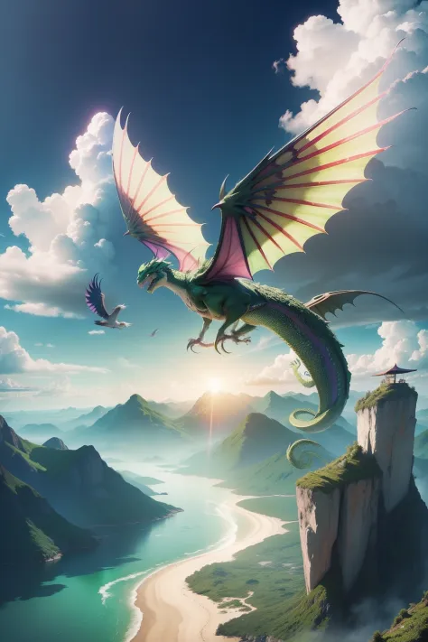 Green Dragon，Island, Cloud, Rainbow, sky, bird， pink wings