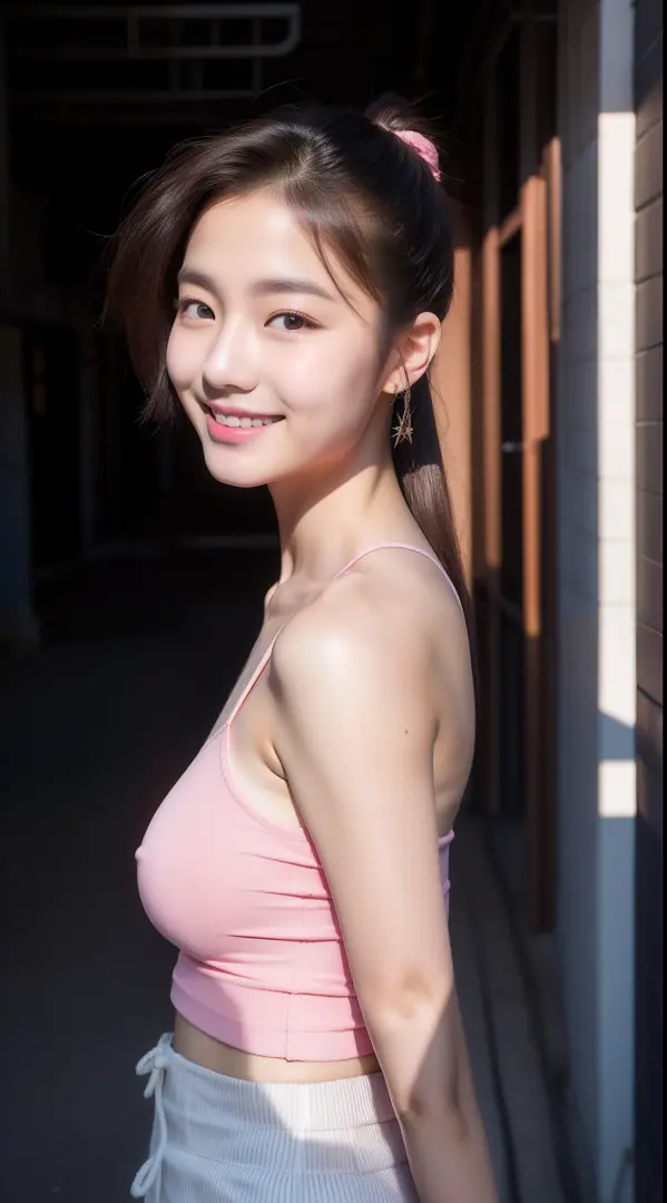 realistic photos of (1 cute Korean star), hair pulled back, white skin, thin makeup, 32 inch breasts size, slightly smile, wearing pink striped camisole, pants, in street alley, close-up, backlighting, 16k