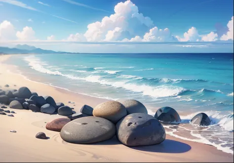 exquisite scenes，depth of fields，8k，blue sky，white clouds，the sun shines on the beach，there are many small colorful stones on th...