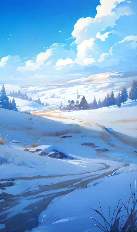 Snow-capped landscape，A dirt road crosses it，There are several houses in the distance, The background is the sea in winter，blue-...