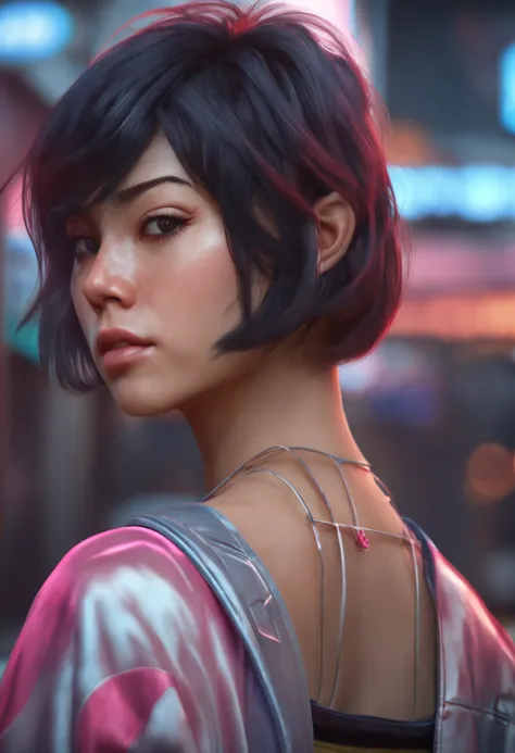 Digital portrait of gorgous japanese short hair woman, beautifull face, intrikate, films, A realistic epic, unreal engine 5, splendid, Stunning color grading, trending on Artstation, photography, Cinematic cinematography, Drawing Artgerm and Ross' style