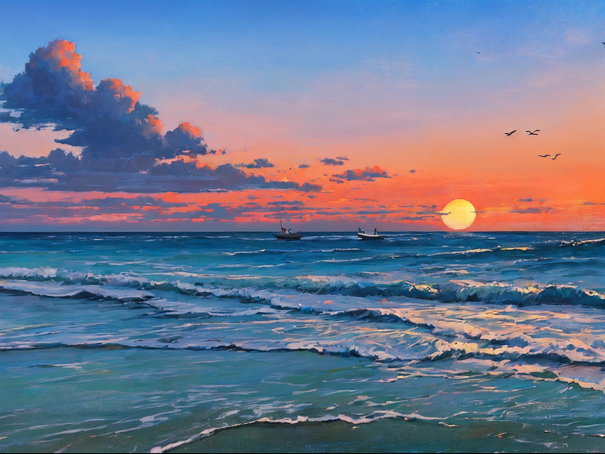 "Impresionante pintura al óleo de un paisaje playero con un tranquilo amanecer, olas suaves, un barco lejano, una pintoresca torre de vigilancia, Nubes, y elegantes siluetas de pájaros volando en el cielo."