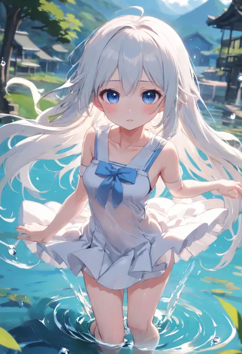 (HD illustrations),The best picture quality, The best lighting effects,With blue eyes,Stobasa(silber hair:1.3+whaite hair), Lakeside clear pond, Petite slender legs,Short white skirt,Splash water,Fresh face,Pure and lovely，Cute loli，long whitr hair，Leaky s...
