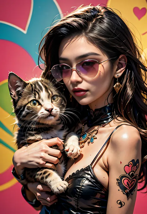 tmasterpiece、top-quality、highestdetailed、Psychedelic kitten design wearing brightly colored pink heart-shaped sunglasses、The is ...