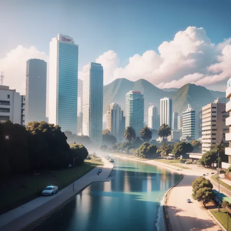 Create a realistic scenario, 8k, GTA5 style scenario, GTA5 Brazil version, São Paulo, Com um iate branco azul e prata no fundo.