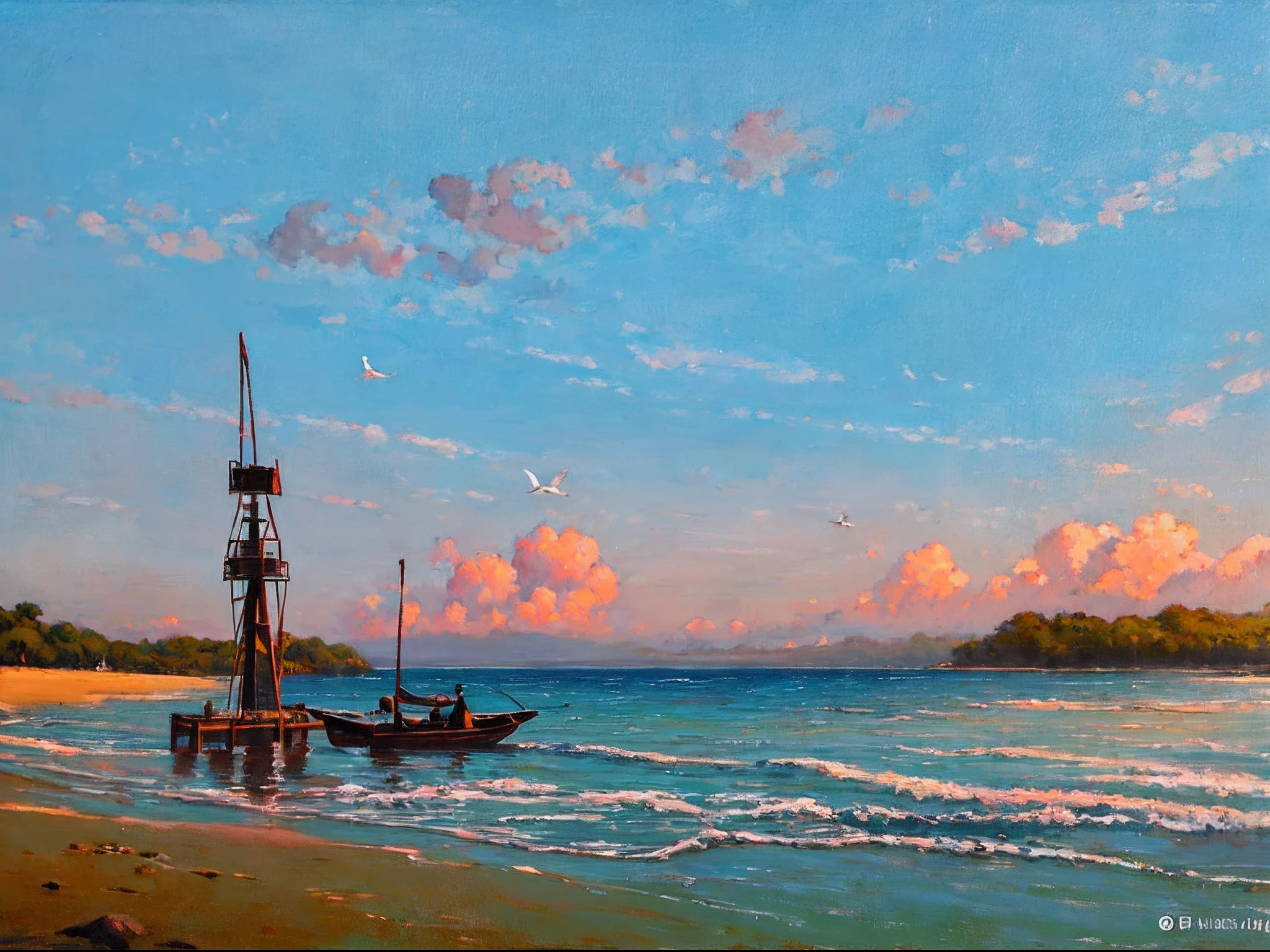 "Stunning oil painting of beach landscape featuring a tranquil sunrise, gentle waves, a distant boat, a picturesque lookout tower, clouds, and graceful silhouettes of birds soaring in the sky, (oil painting:1.3), (Masterpiece:1.3), (vibrant:1.2)"