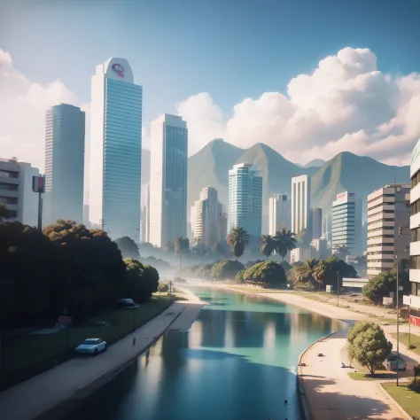 Create a realistic scenario, 8k, GTA5 style scenario, GTA5 Brazil version, São Paulo, Com um iate branco azul e prata no fundo.