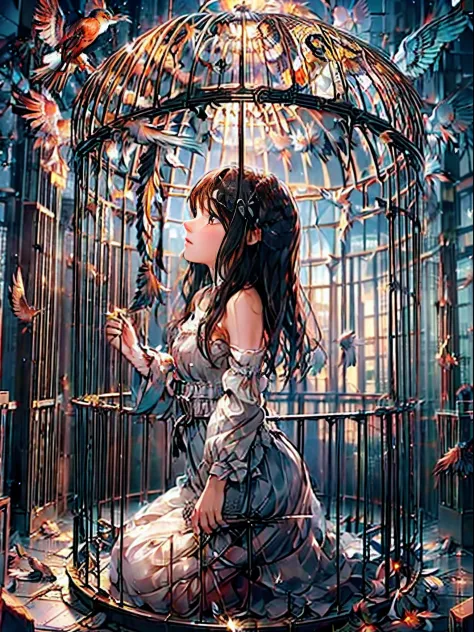 girl, large wings, angel, goddess, innocent, long hair, black hair, brown eye, white dress, open bird cage, standing at door, st...