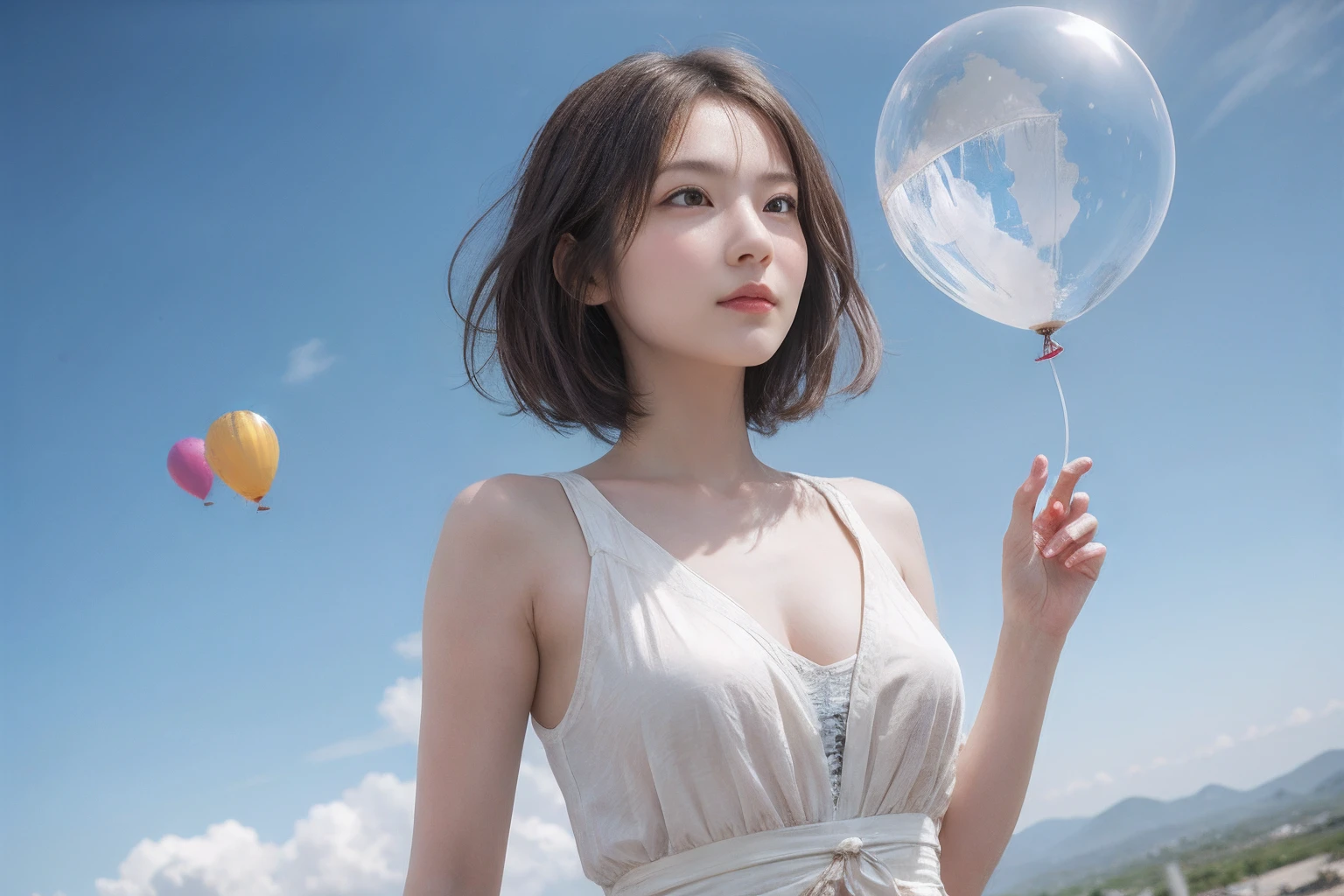 masterpiece, best quality, (realistic:1.3), beautiful girl hangs on balloons and flies in the sky,sunshine,god ray,fractal arcrystallineAI