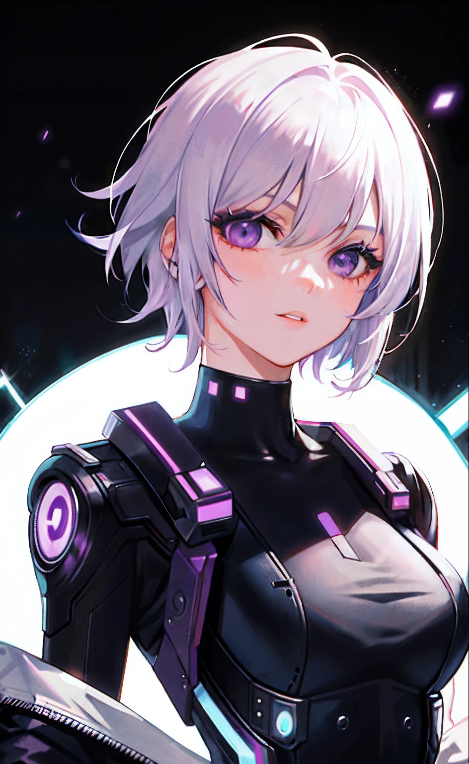 solo, lucy (cyberpunk), short hair, parted lips, bangs, looking at viewer, upper body, 1girl, jacket, black background, purple eyes, bodysuit,white hair,