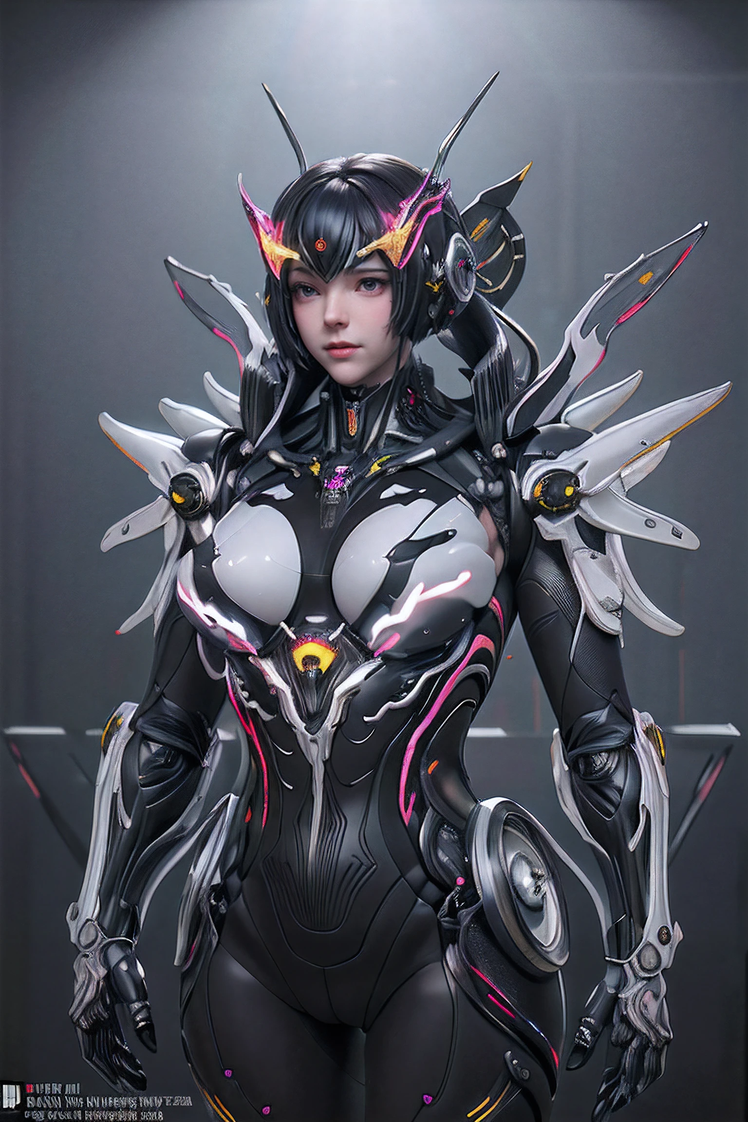upper body,solo,[:(black background:1.5):90],Gradient background,1mechanical girl,(1kaijin:1.2),curvy,machine made joints,machanical limbs,blood vessels connected to tubes,mechanical vertebra attaching to back,mechanical cervial attaching to neck,lights on armor,mecha headglass,Luminous Arms,laser eyes,expressionless,glowing skin,dynamic angle,
(colorful:1.2),outline,watercolor,hdr,ray tracing,nvidia rtx,subsurface scattering,pbr texturing,post-processing,anisotropic filtering,depth of field,maximum clarity and sharpness,16k raw,luminescent particles,cinematic lighting,lens flare,dramatic_shadow,fantasy,chromatic aberration, intricate details