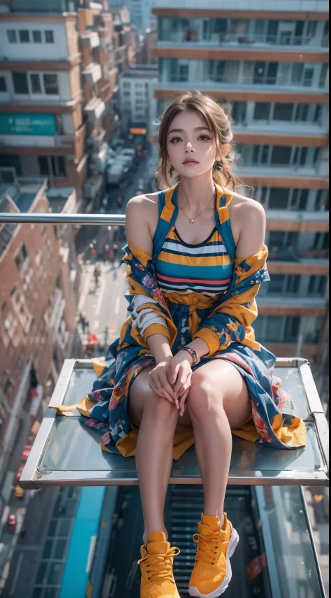 girl in colorful dress，(look from the bottom up:1.3)，athletic sneakers，shallow space，urban architectural background，sit pose，dyn...