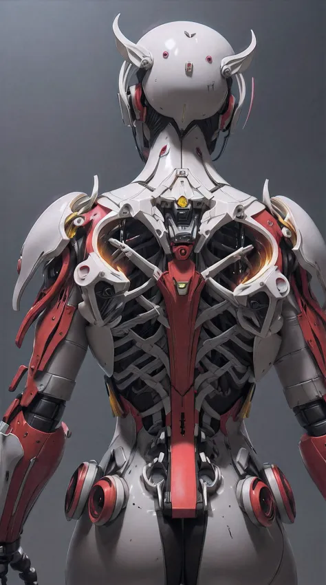upper body,solo,[:(black background:1.5):90],Gradient background,1mechanical girl,(1kaijin:1.2),curvy,machine made joints,machanical limbs,blood vessels connected to tubes,mechanical vertebra attaching to back,mechanical cervial attaching to neck,lights on...