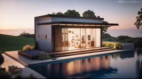 a rendering of a small modern house with a pool, concept house, rendered 3d model, 3 d renders, 3 d rendering, 3d rendering, 3 - d render, architectural concept, rendered, sketch - up, detailed rendering, pre-rendered, with 3d render, with 3 d render, 3d r...