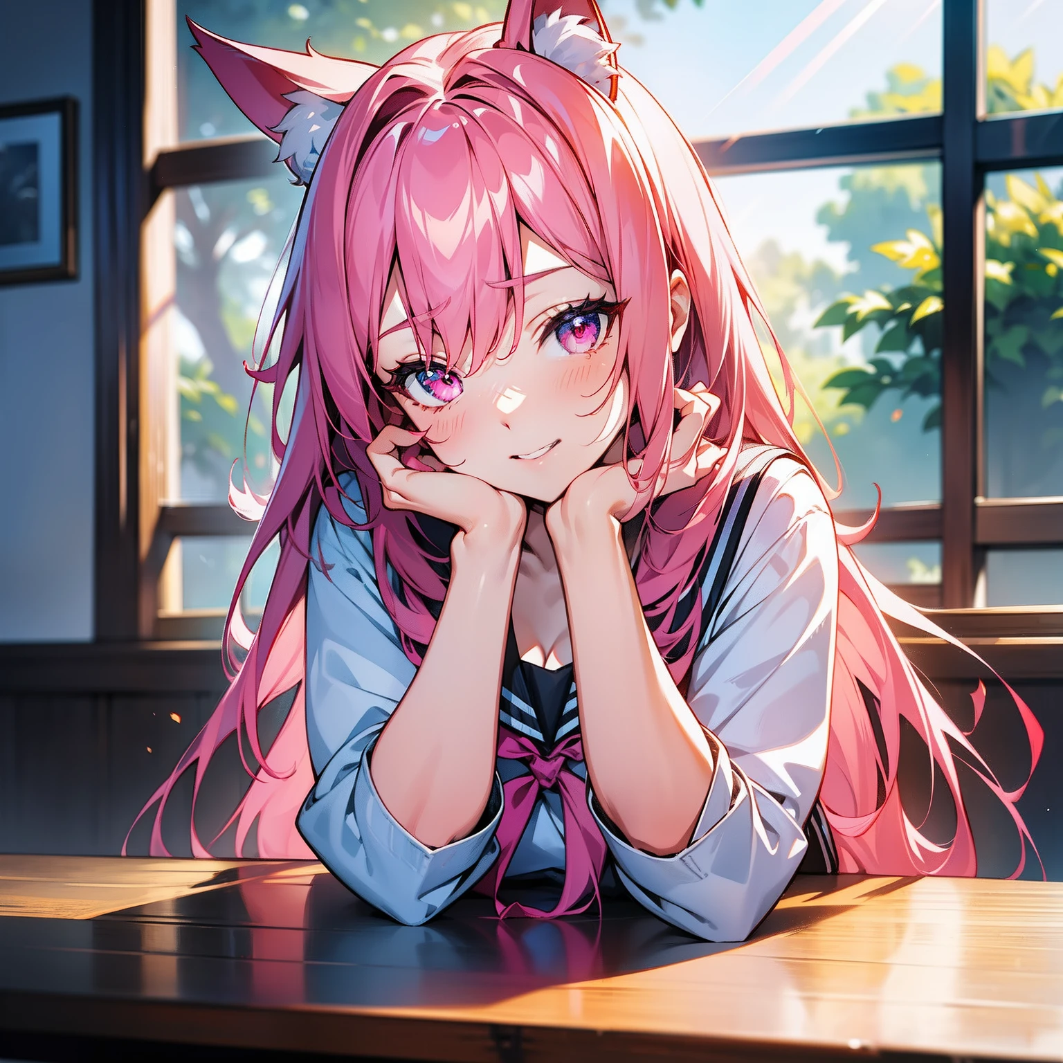long pink hair, fox pink ears,pink eyes,There is a strong feeling of freshness and freshness,Girl with,((serafuku)), hands on the face, Leaning over the table, Resting your elbows on the table, classroom, sunlight rays, Window, See the beholder, Toothy smile, I see the cleavage:1.2, Best Quality,Ultra-detailed, High Resolution, extremely detailed CG, Unity 8k Wallpaper, official arts, Production art, novel illustration, by famous artist, caustics, textile shading, super detailed skin, perfect anatomy, Detailed, Cinematic lighting, dinamic lighting, beautiful detail eyes, (topquality), (Ultra-detail), (Piece masuter), (hight resolution), (Original), Character design, game cg, detailed manga illustration, Realistic head-to-body ratio:1.2