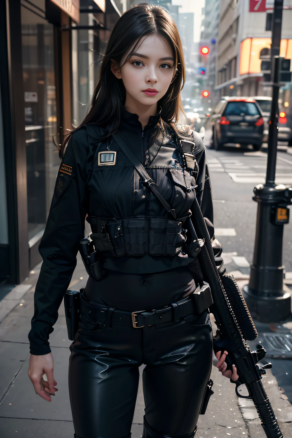 1girll, (Photorealistic)++, Beautiful lighting, Masterpiece++, Best quality++, Realistic, Full body portrait, Realphotos, intricately details, Depth of field, 1 girl, Soldier girl black hair sniper rifle handle, Black military uniform, bulletproof vest, Holding an assault rifle, M16, Inside the city, Very detailed, Perfect face, Black eyes, Lips, Wide hips, Small waist, Tall, Makeup, Fujifilm XT3, Epic professional photography：Ed Brinkie, atey ghailan, by Ghibli Studio, author：Jeremy Mann, Greg Manchess, Antonio Moro, trending on artstationh, trending on CGSociety, Intricate , High detail , Sharp focus, Impressive, Realist art by Midjourney and Greg Rutkowski, Original image, 8K  UHD