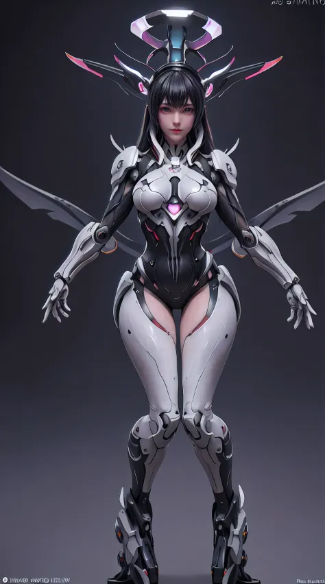 full body,solo,[:(black background:1.5):90],Gradient background,1mechanical girl,(1kaijin:1.2),curvy,machine made joints,machanical limbs,blood vessels connected to tubes,mechanical vertebra attaching to back,mechanical cervial attaching to neck,lights on ...