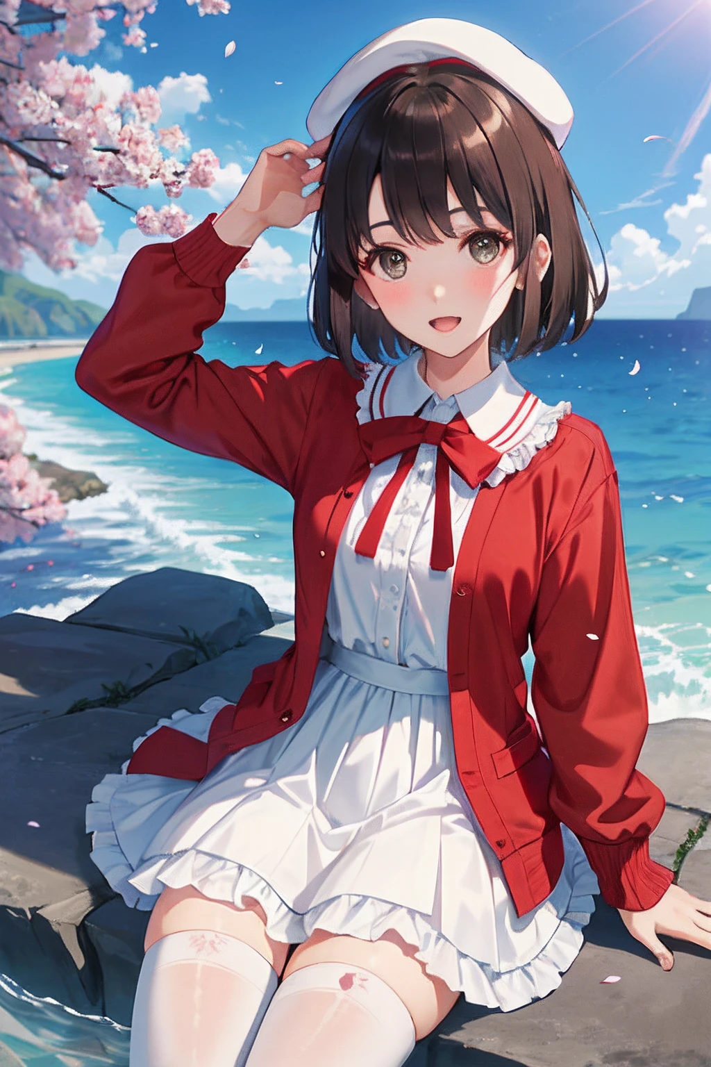 (Masterpiece:1.6, Best quality), (fine detailed beautiful eyes: 1.2), ph_kato, katouhdlong, Solo, Brown hair, Hat, upper legs, Short hair, Brown eyes, The hat has been removed, dress, headwear removed, white thighhighs, White dress, holding hat, Frilled thighs, bangs, Open mouth, frilld, Red jacket, Jacket, zettai ryouiki, petals, ribbon, Holding, White headwear, Blush
, lying on water, Ocean, cove, (full bodyesbian),
