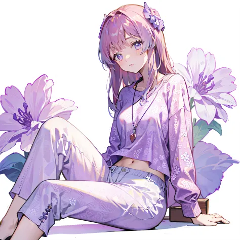 purple flower pattern white background, sitting in the middle, casual outfit,