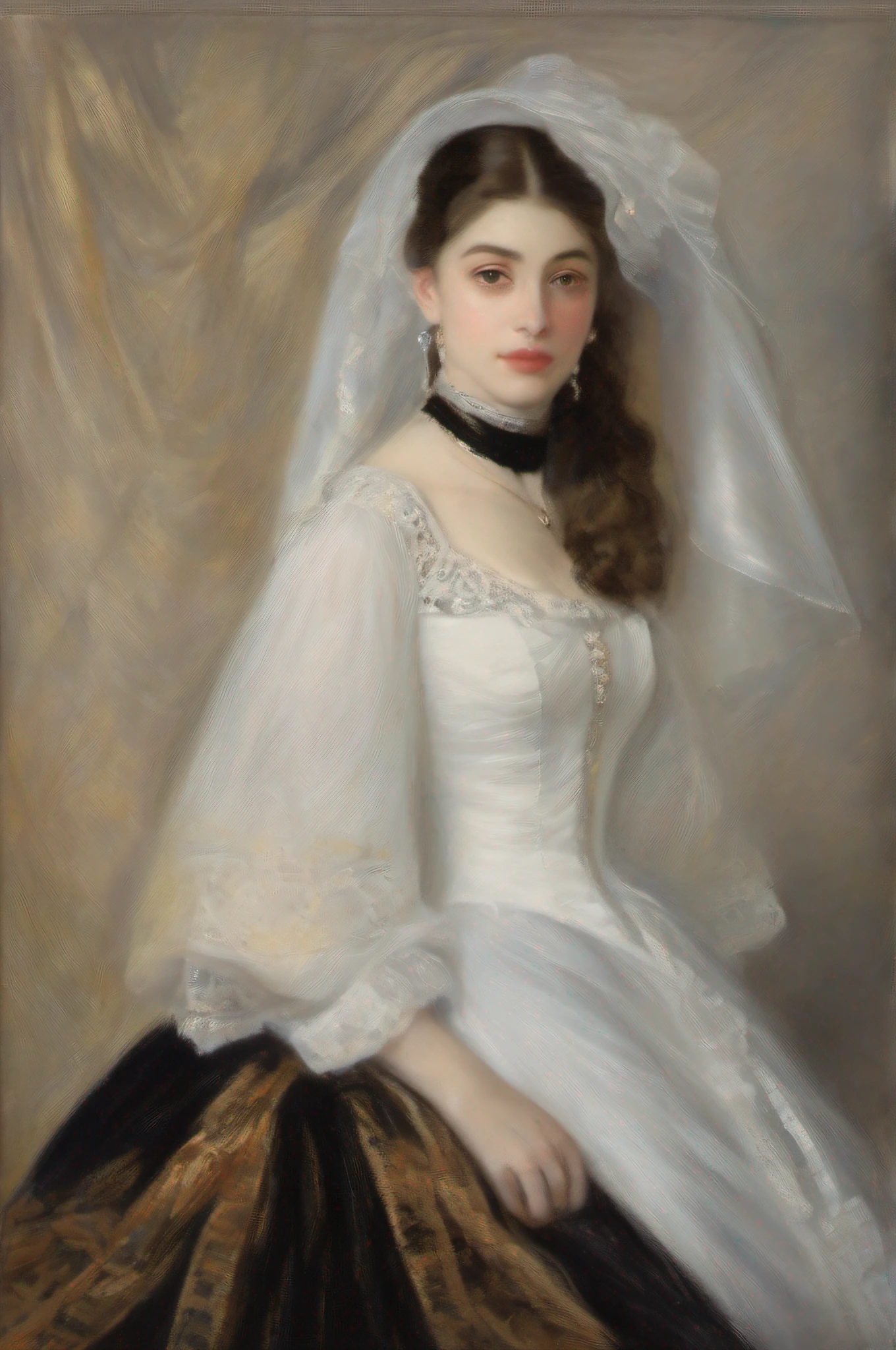 a painting of a woman in a black dress with a white veil, inspired by ...