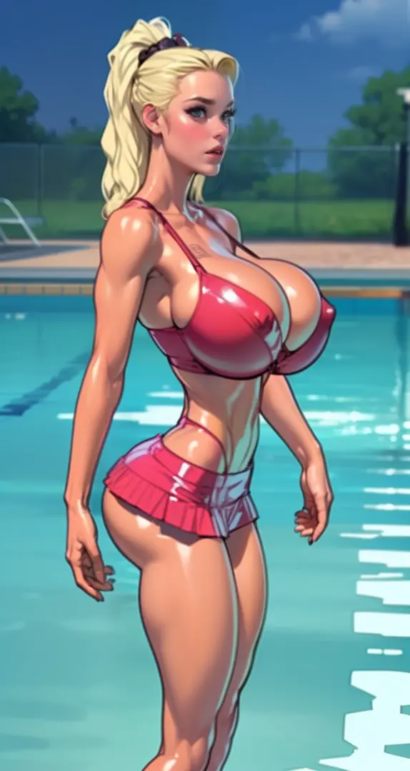 sexy ((ponytail:1.3)) wearing (tight miniskirt:1.5)(perfect face), detailed face, (symmetrical eyes), perfect nose, (wears latex bra:1.2), (enormous fake breasts:1.5) (blonde hair combed to side:1.6)analog style posing against a pool  filled with guests, c...