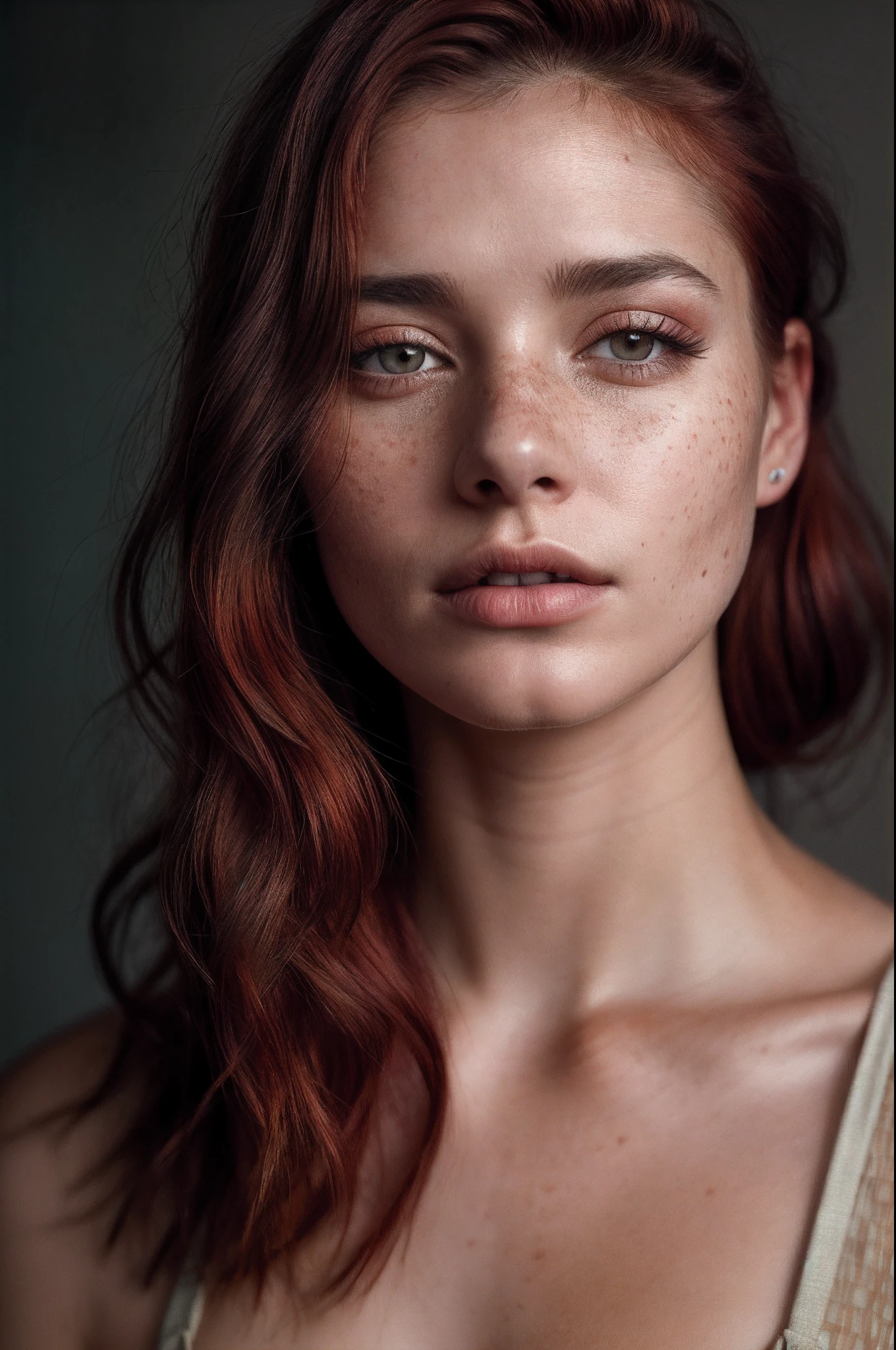 Photo of seductive woman with red hair in a loose style, bored, She wears a bando top and wide-leg jumpsuit, , mascara, (Textured skin, Skin pores:1.2), (moles:0.8), (Imperfect skin:1.1), Intricate details, Goosebumps, face perfect, (light freckles:0.9), ((Photorealistic):1.1), (raw, 8K:1.2), Dark, Muted colors, Slate atmosphere, RAW candid cinema, 16mm, color graded portra 400 film, remarkable color, A hyper-realistic, Textured skin, remarkable detailed pupils, realistic dull skin noise, visible skin detail, skin fuzz, dry skin, shot with cinematic camera, Detailed skin texture, (blush:0.5), (Goosebumps:0.5), Subsurface scattering