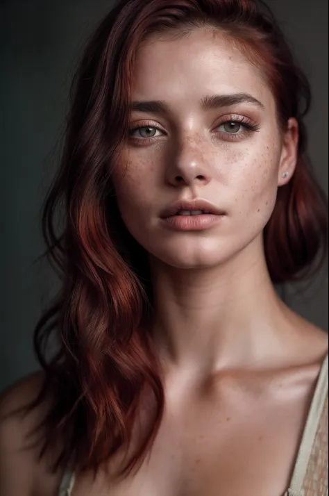 Photo of seductive woman with red hair in a loose style, bored, She wears a bando top and wide-leg jumpsuit, , mascara, (Textured skin, Skin pores:1.2), (moles:0.8), (Imperfect skin:1.1), Intricate details, Goosebumps, face perfect, (light freckles:0.9), (...