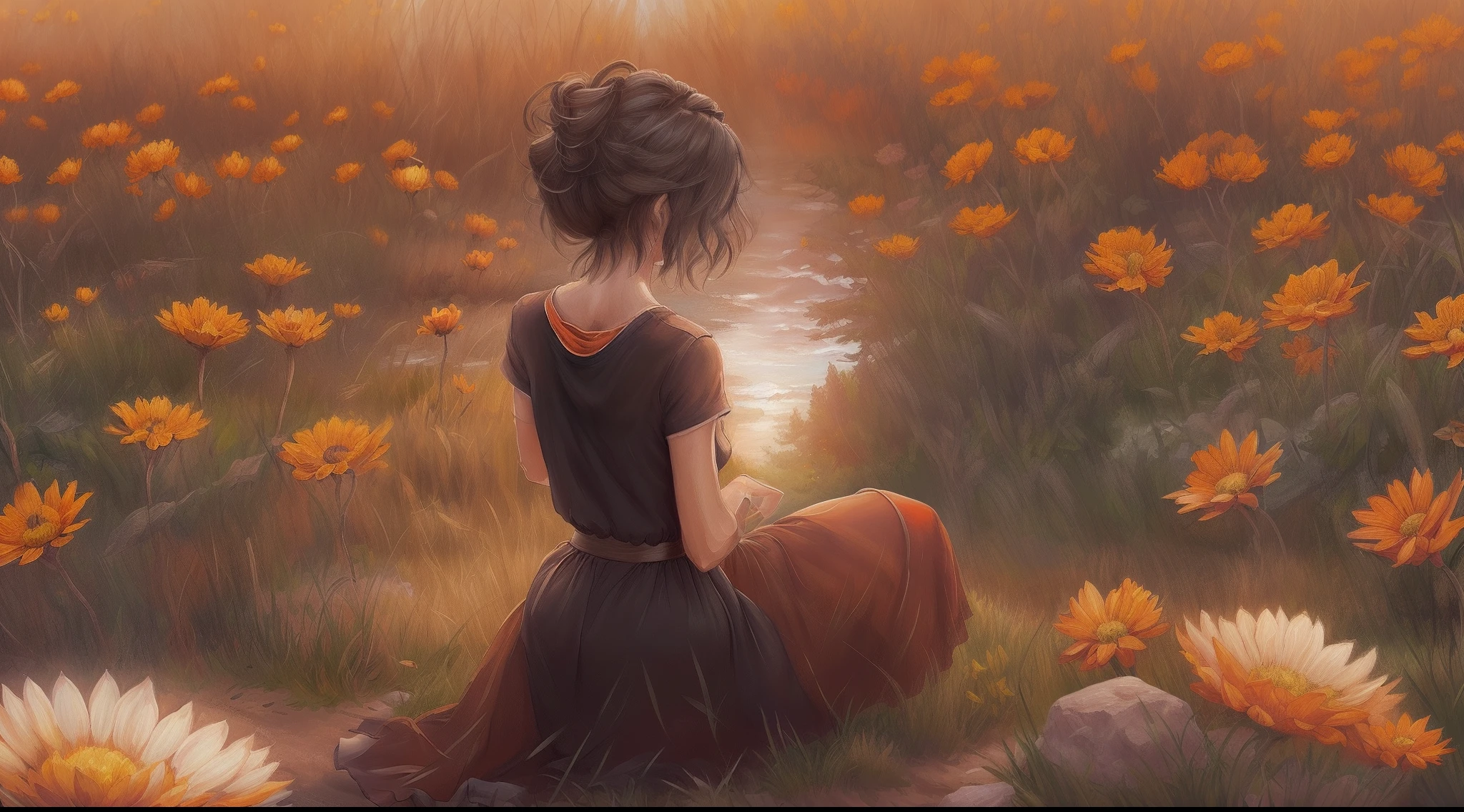 (extremely detailed CG unity 8k wallpaper, masterpiece, best quality, ultra-detailed), rule of third,

(woman artist (dark brown short hair), orange bright eyes, wear (black t-shirt, long skirt), sitting, view from behind), flower field with majestic high tower in front of her, fair weather, wide angle, vibe (tranquil, quiet)