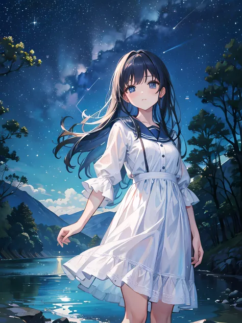 "River theme, starry night, 1 girl enjoying the tranquil beauty beneath a celestial canopy."