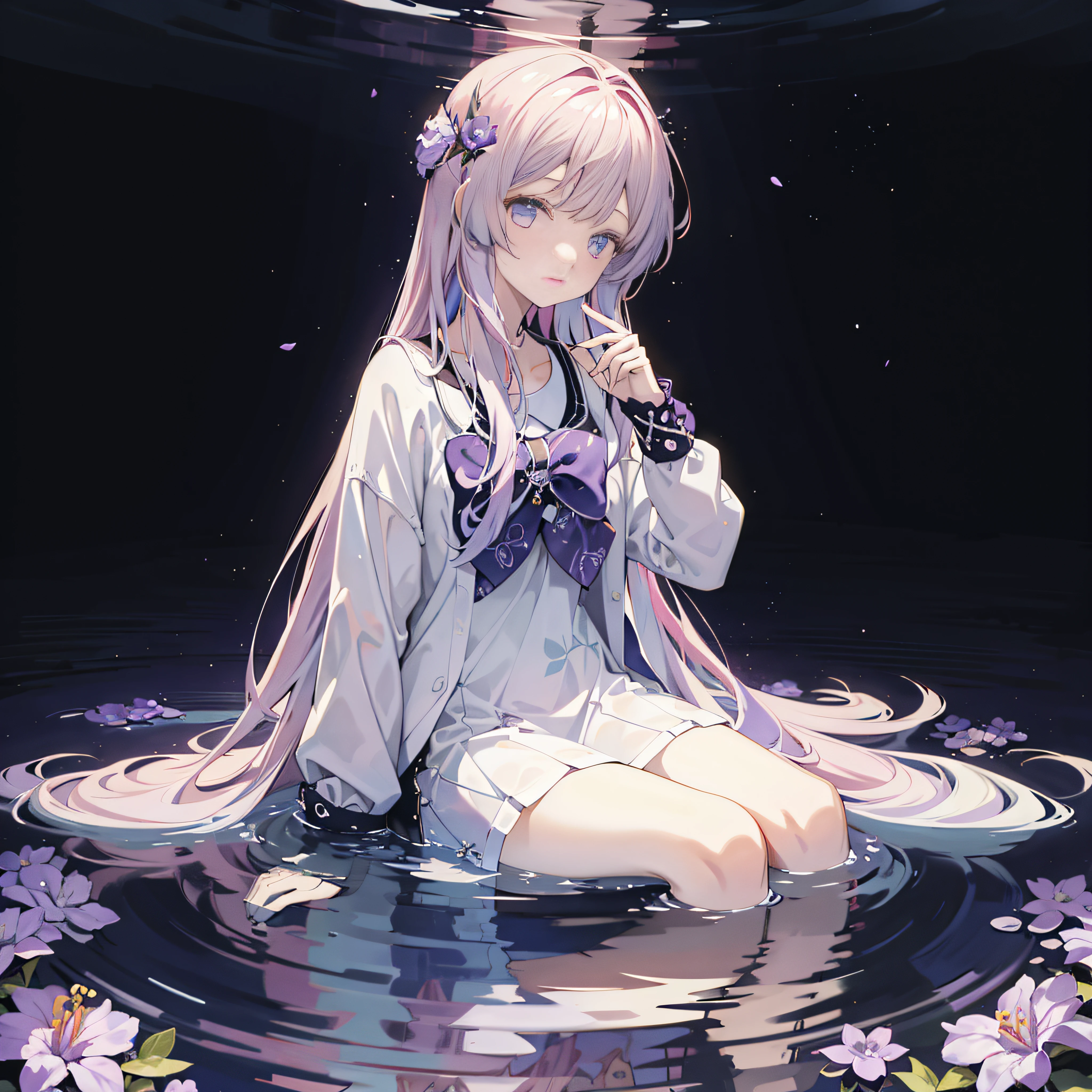 motif de fleurs violettes fond blanc, assis au milieu, tenue décontractée, à l’intérieur dans le cercle au milieu, cheveux longs, réflexion de l&#39;eau,