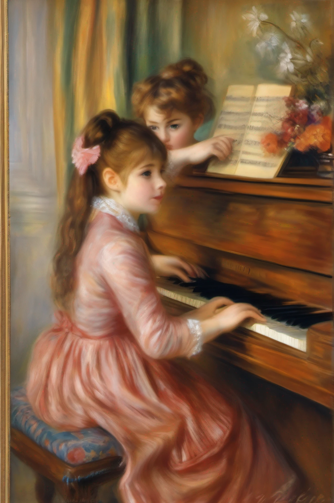 一緒にピアノを弾く2人の若い女の子の絵, ルノワールの絵画スタイルで